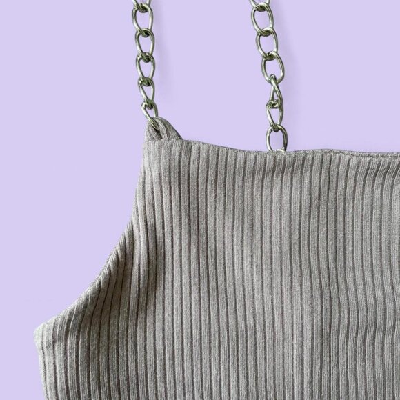 Ribbed Chain Strap Crop Top Taupe Beige | Size P/S - Picture 2 of 5